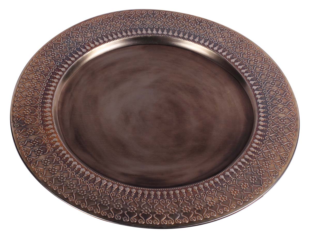 Buy in Bulk Wholesale Decorative 14” Round Iron Tray - Antique-Copper Color - Hand-Engraved Serving Tray with Traditional Motifs - Home Decor/Kitchen Essentials